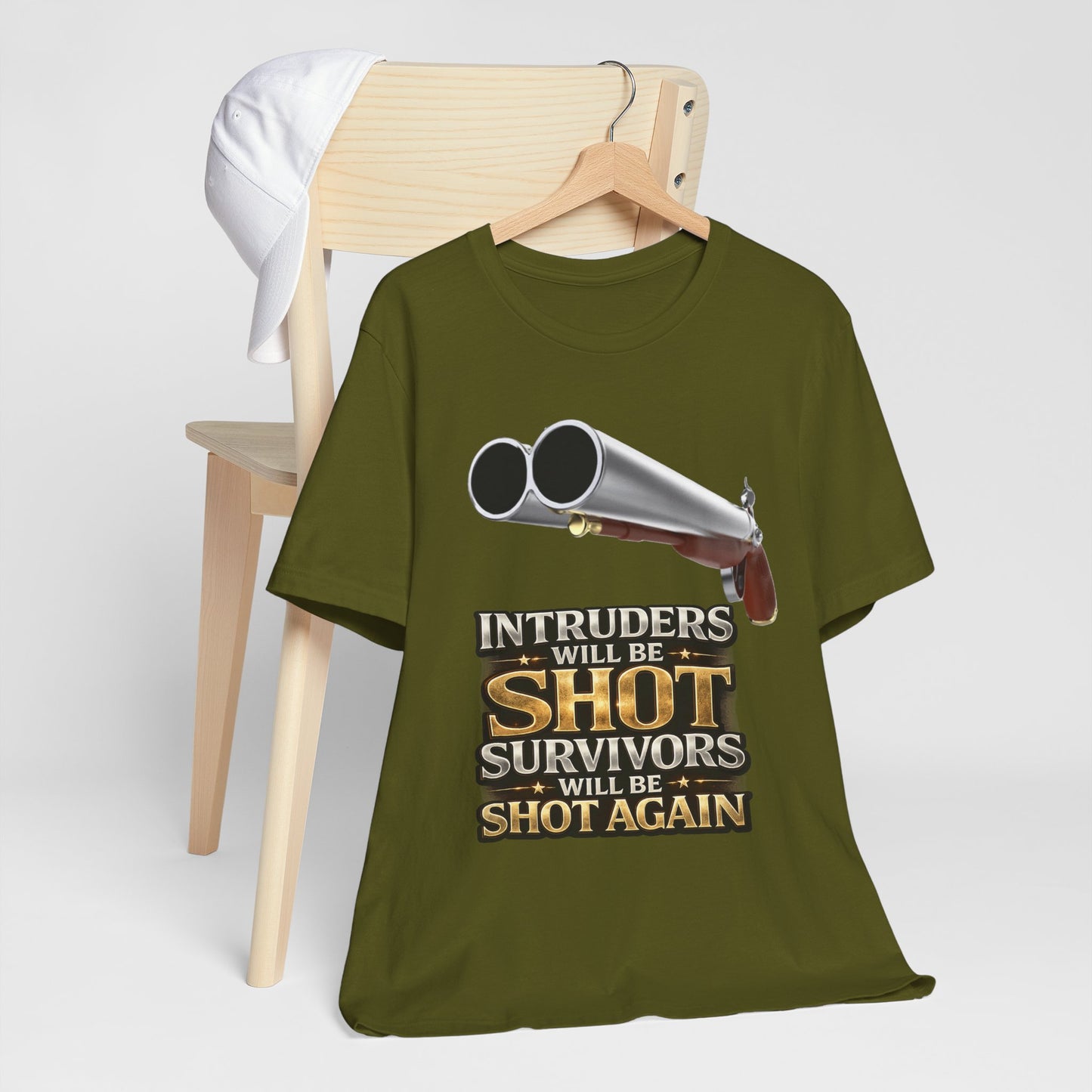 2nd Amendment Shotgun Safety Tee — "Intruders Will Be Shot, Survivors Shot Again" Graphic T-Shirt