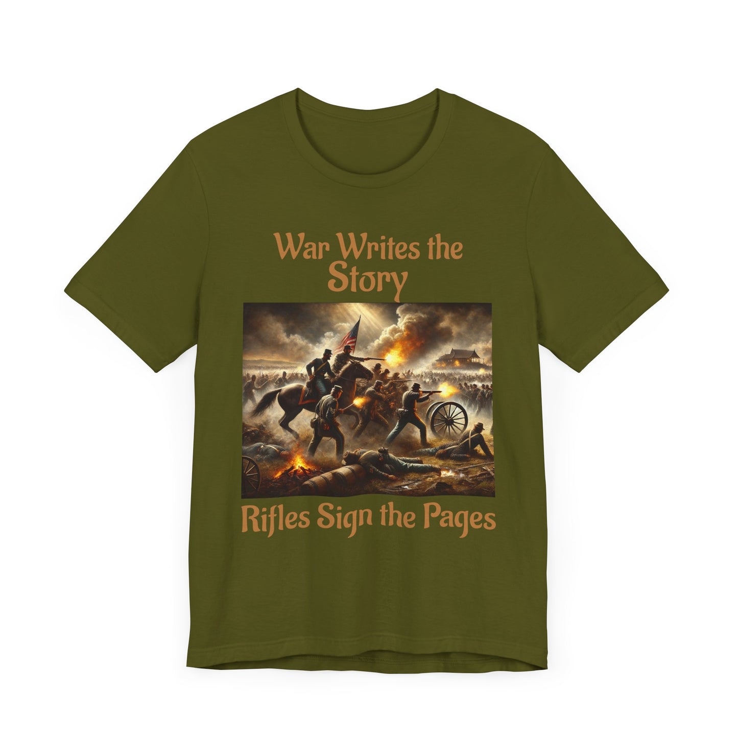 War Writes the Story T-Shirt  Rifles Sign the Pages Military Graphic Tee  Patriotic History Shirt  Battle Art Tee for Veterans & 2A Fans