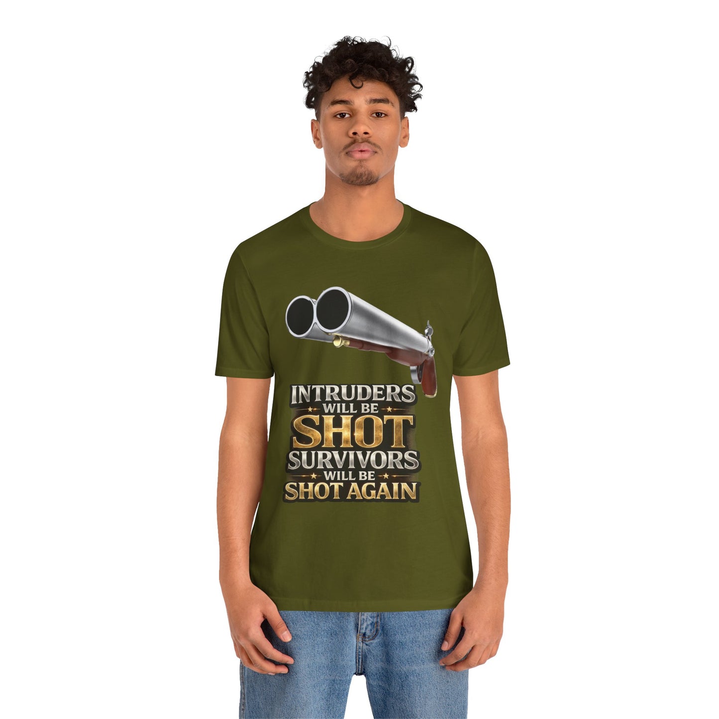2nd Amendment Shotgun Safety Tee — "Intruders Will Be Shot, Survivors Shot Again" Graphic T-Shirt