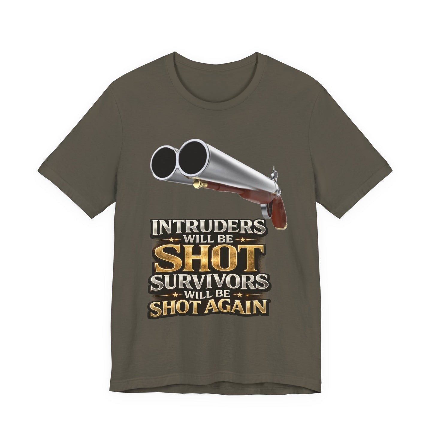 2nd Amendment Shotgun Safety Tee — "Intruders Will Be Shot, Survivors Shot Again" Graphic T-Shirt