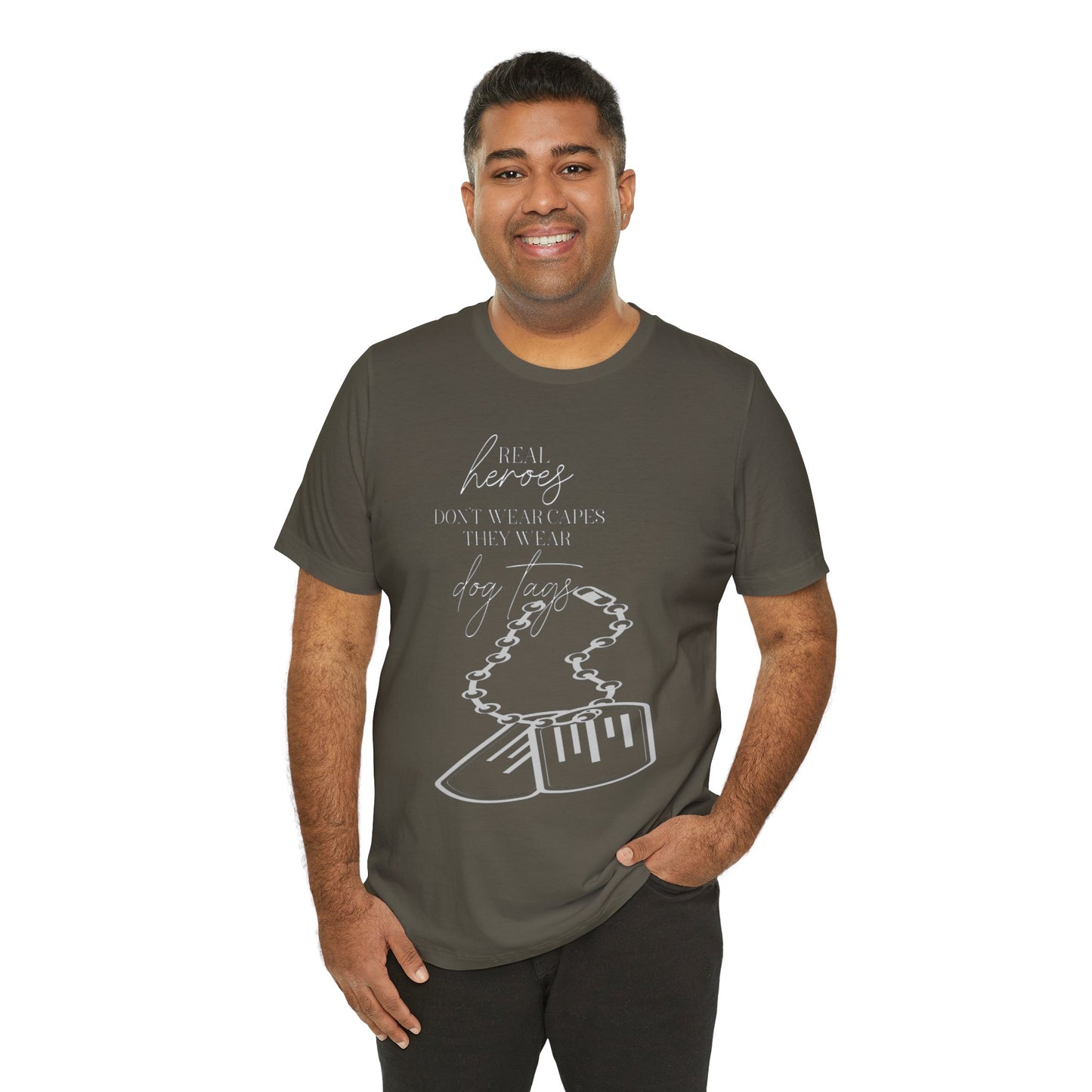 Super Hero, Military Hero, T-Shirt with Quote about Hero Not Wearing Capes They Wear Dog Tags