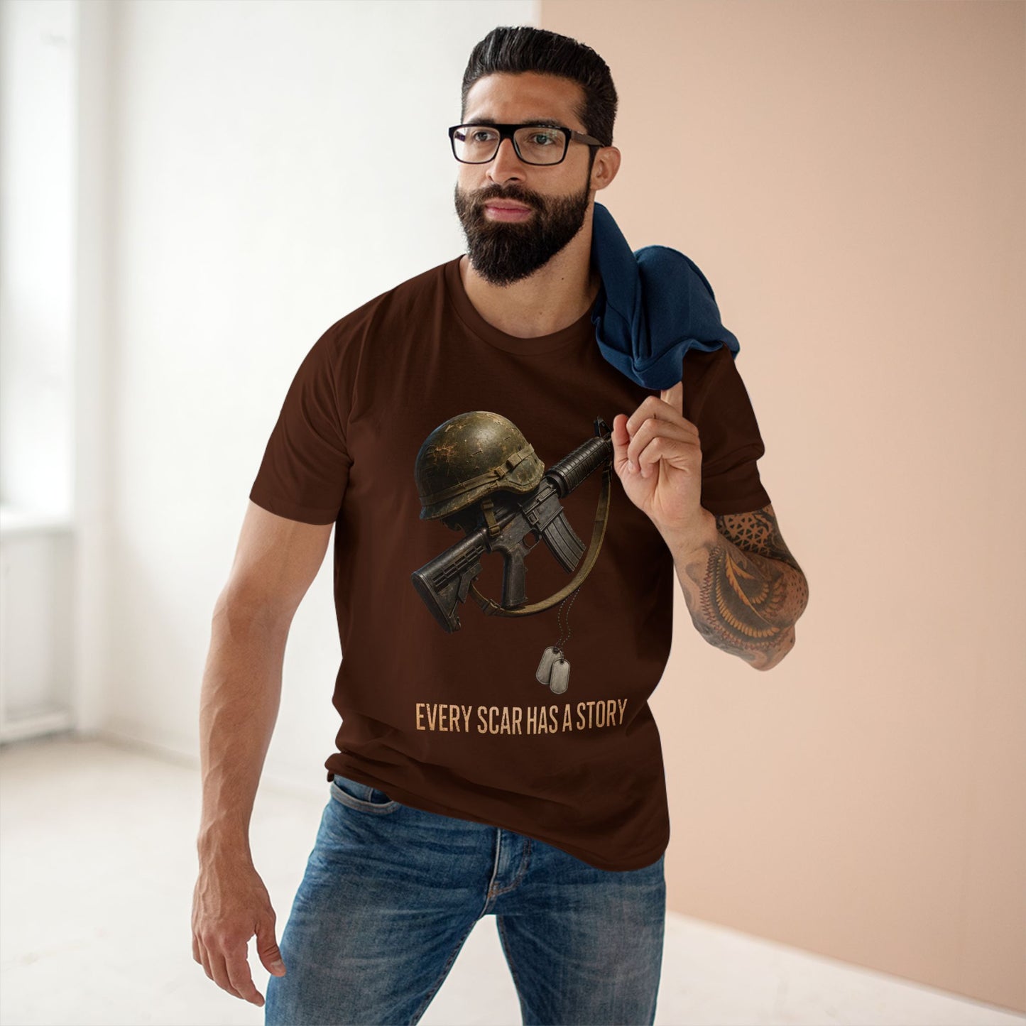 Military Tribute Tee  Veteran Helmet & Rifle T-Shirt