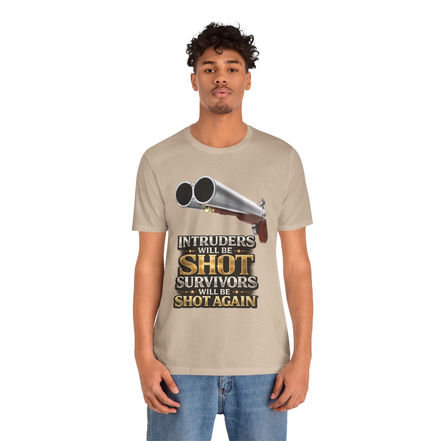 2nd Amendment Shotgun Safety Tee — "Intruders Will Be Shot, Survivors Shot Again" Graphic T-Shirt