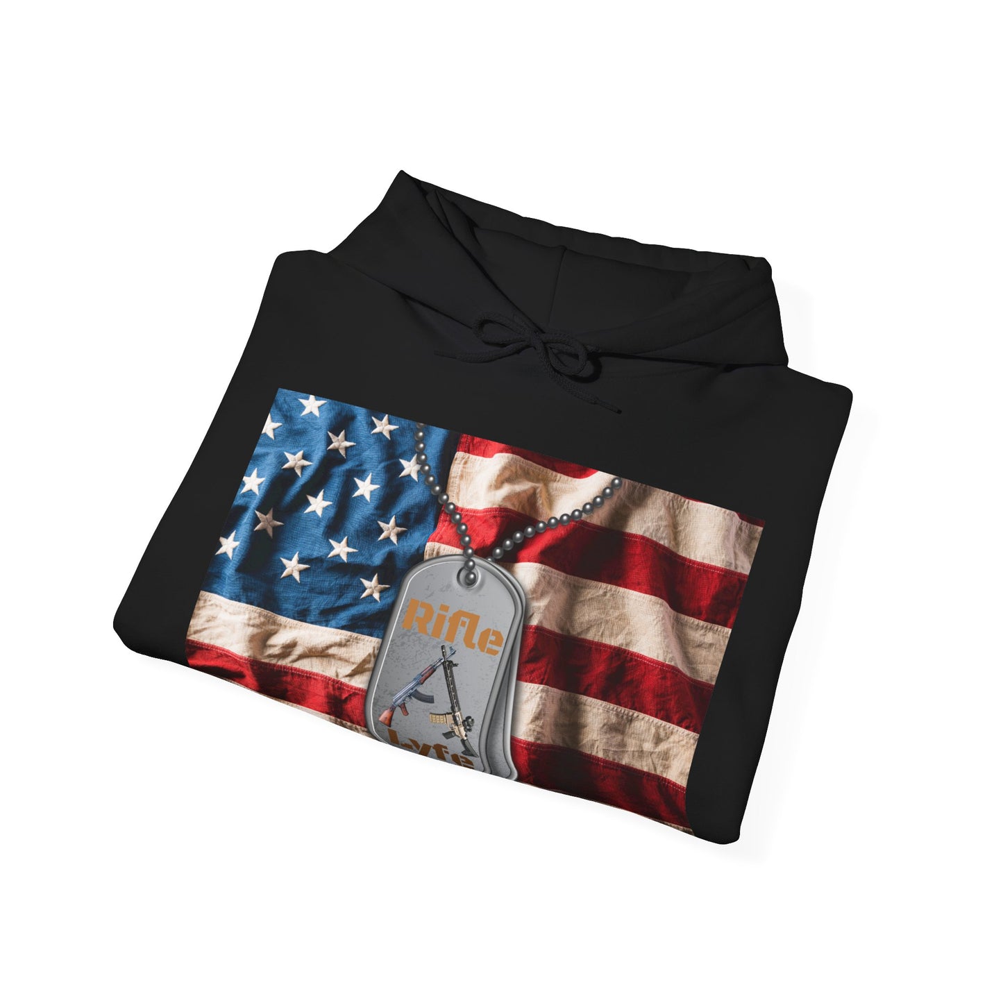 US flag with dog tags, Rifle Lyfe Logo Military