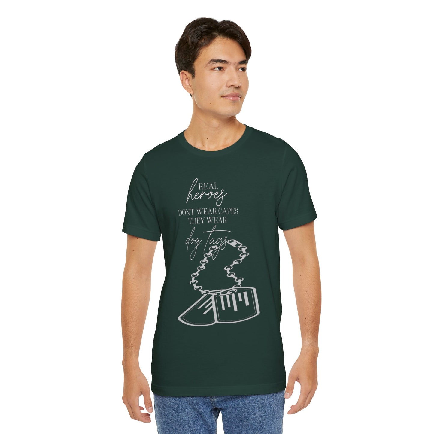 Super Hero, Military Hero, T-Shirt with Quote about Hero Not Wearing Capes They Wear Dog Tags