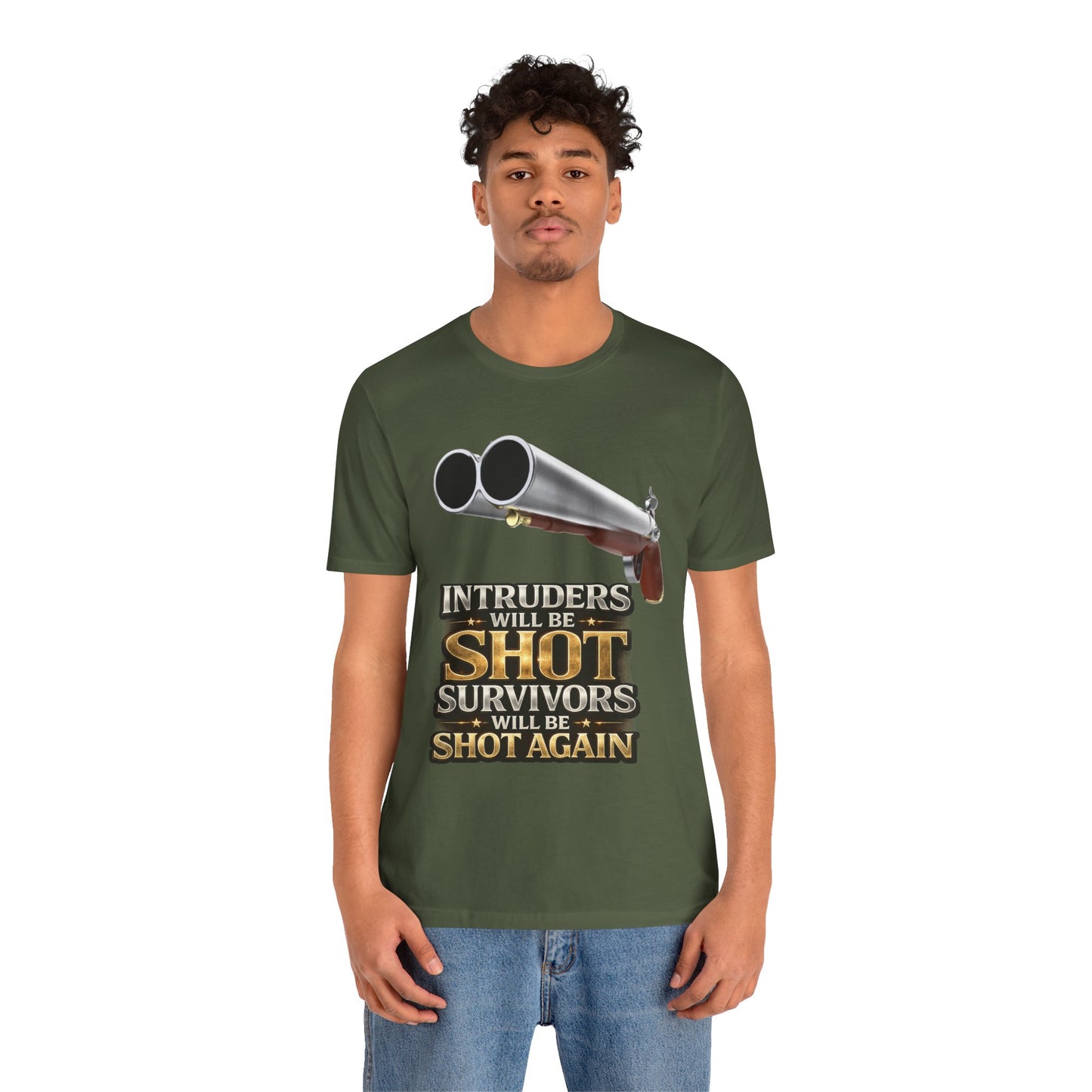 2nd Amendment Shotgun Safety Tee — "Intruders Will Be Shot, Survivors Shot Again" Graphic T-Shirt