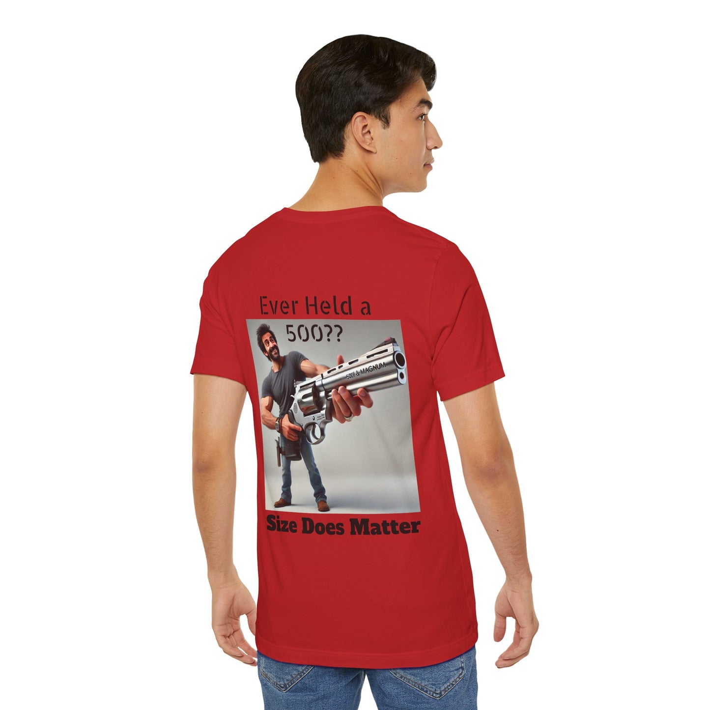 Gun Humor Unisex Tee, 500 Magnum Size Does Matter, Funny Graphic T-Shirt, Novelty Shirt for Gun Enthusiasts, Second Amendment Apparel, Men's