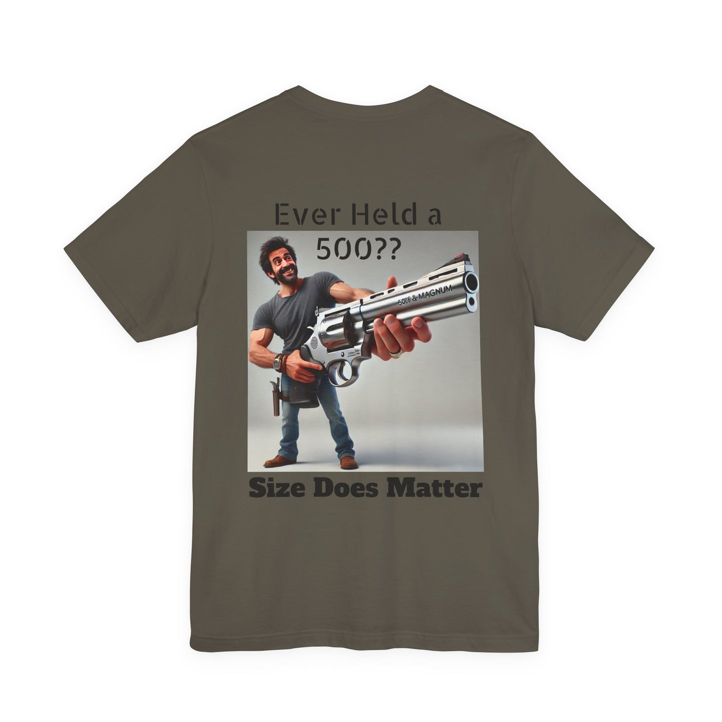 Gun Humor Unisex Tee, 500 Magnum Size Does Matter, Funny Graphic T-Shirt, Novelty Shirt for Gun Enthusiasts, Second Amendment Apparel, Men's
