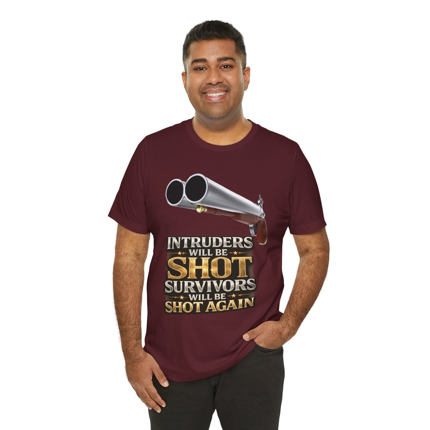2nd Amendment Shotgun Safety Tee — "Intruders Will Be Shot, Survivors Shot Again" Graphic T-Shirt