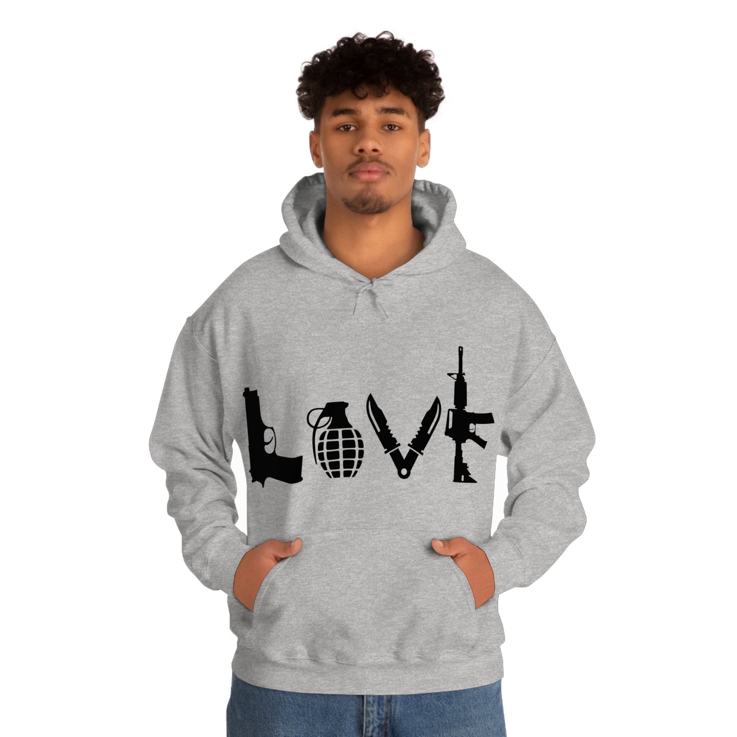 Love spelled with guns and weapons