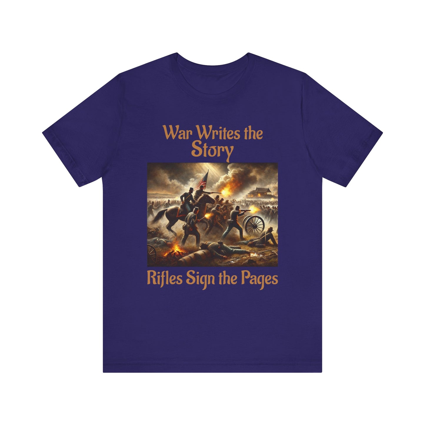 War Writes the Story T-Shirt  Rifles Sign the Pages Military Graphic Tee  Patriotic History Shirt  Battle Art Tee for Veterans & 2A Fans