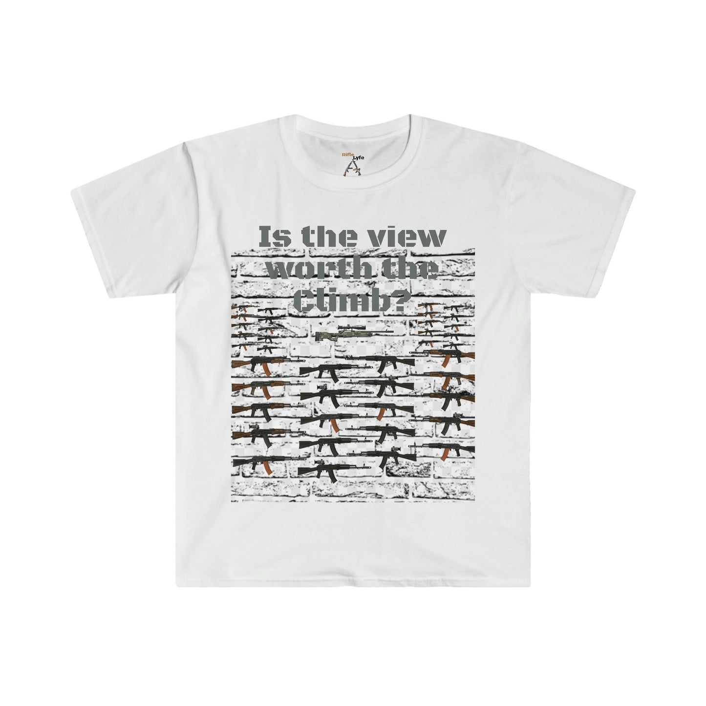 Unisex Softstyle T-Shirt, rifle wall, climb wall, view of climb